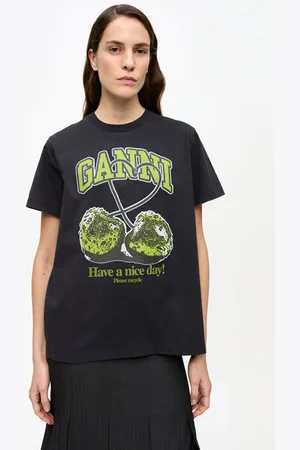 Ganni Schwarzes, lockeres Basic-T-Shirt Green Cherry in Mixed Damengröße Mittel
