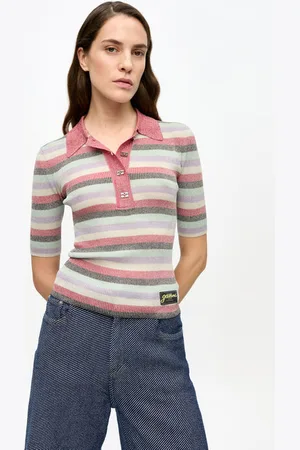 Ganni Pink gestreiftes Polo-Rippenshirt mit Glitzer in Mixed Damengröße XXS Metallic fiber/Recycelte Nylon/Recycelte Polyester