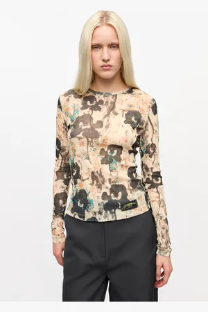 Ganni Bedrucktes Longsleeve in Beige Damengröße 38 Recycelte Polyester