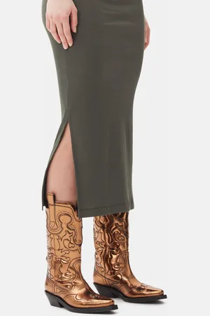 Ganni Gold Metallic Mid Shaft Embroidered Westernstiefel in Damengröße 36 Polyurethane/Recycelte Polyester/Viskose