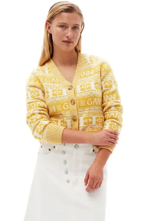 Ganni Logo Wool Mix Strickjacke in Yellow Damengröße XXS