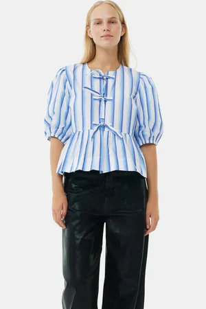 Ganni Blue Striped Cotton Poplin Peplum Tie Bluse in Damengröße 46