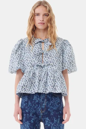 Ganni Floral Printed Cotton Poplin Peplum Bluse in Damengröße 48