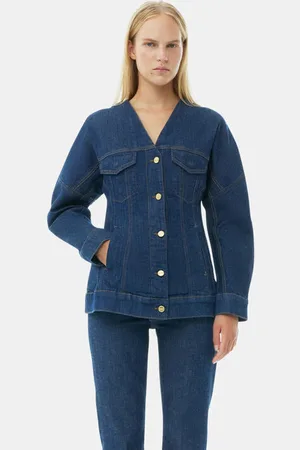 Ganni Denim Shaped Sleeve Rose Blazer in Navy Damengröße 32