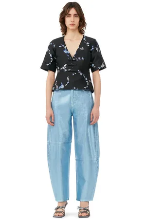 Ganni Schwarze 3D-Jacquard-Bluse mit V-Ausschnitt in Damengröße 34 Kurzärmlig