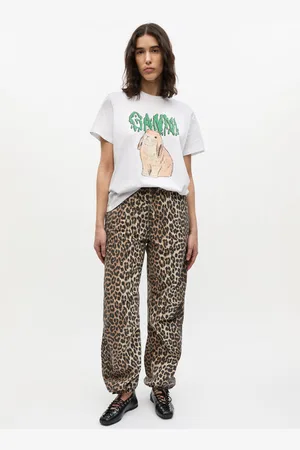 Ganni Leopard Washed Cotton Canvas Drawstring Hose in Damengröße 34