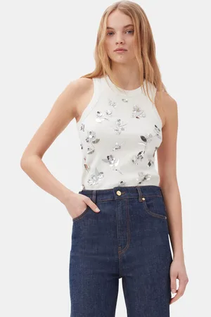 Ganni White Rib Jersey Embellished Tanktop Damengröße 34