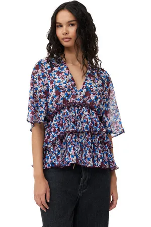 Ganni Pleated Georgette V-neck Flounce Bluse in Mixed Damengröße 34 Recycelte Polyester