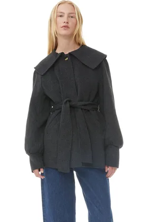 Ganni Graue Wool-Jacke mit Kragen in Mixed Damengröße 32 Polyamid/Polyester/Recycling-Wolle Langärmlig