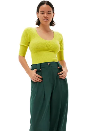 Ganni Merino-Spitzenbluse mit O-Ausschnitt in Damengröße Klein Merino Wolle Kurzärmlig