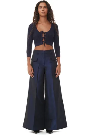 Ganni Blau glänzende, weite Taft-Hose mit hoher Taille in Damengröße 36