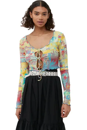Ganni Bedruckte Cropped-Bluse in Mixed Damengröße 40 Elastan/Lyocell Langärmlig