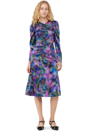 Ganni Lila Seidensatin-Midikleid mit O-Ausschnitt in Damengröße 36 Elastan/Seide Langärmlig