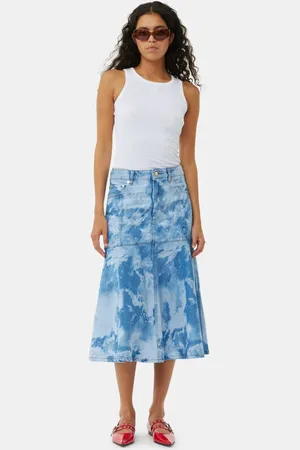 Ganni Blue Bleach Denim Flounce Midi Rock in Damengröße 32