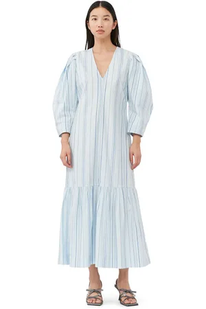 Ganni Gestreiftes Twill-Maxikleid mit V-Ausschnitt in Blue Damengröße 34 3/4 Sleeve