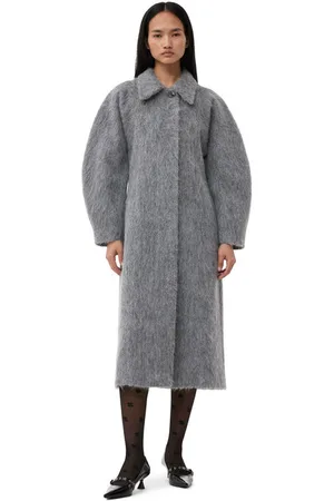 Ganni Grey Fluffy Wool Curved Sleeves Mantel in Damengröße 38 Alpaka/Mohair/Polyamid