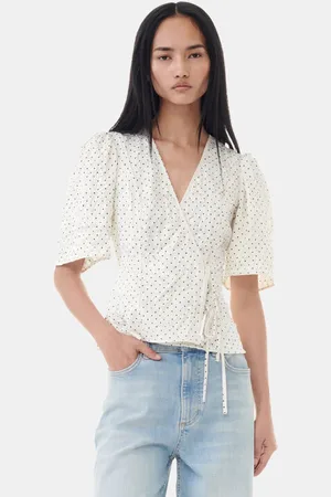 Ganni White Dotted Crinkled Satin Wickelbluse Damengröße 32