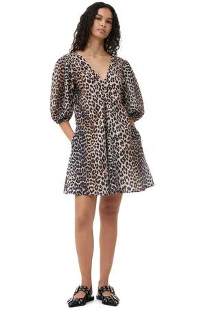 Ganni Silk-Minikleid mit V-Ausschnitt in Mixed Damengröße 34 Baumwolle/Seide Kurzärmlig