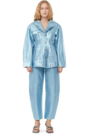 Ganni Taillierter blauer Foil-Denim-Blazer in Blue Damengröße 34 Langärmlig