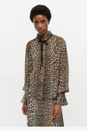 Ganni Chiffon-String-Hemd mit Leopardenmuster und Bindeband in Mixed Damengröße 44 Viskose