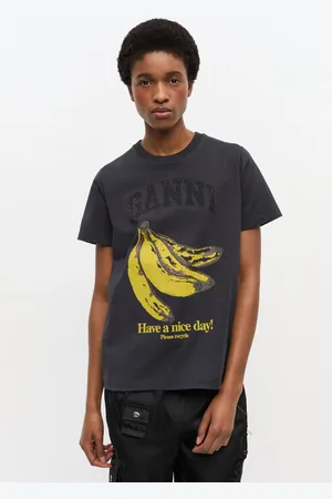 Ganni Schwarzes T-Shirt mit Banana-Grafik in Mixed Damengröße XL