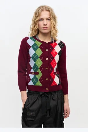 Ganni Burgunderrote Strickjacke mit Karomuster in Damengröße Klein Kashmir/Merino Wolle