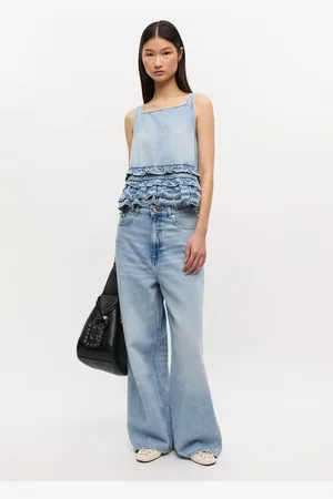 Ganni Hellblaues Jeans-Rüschentop in Damengröße 36 Lyocell/Bio-Baumwolle/Tencel