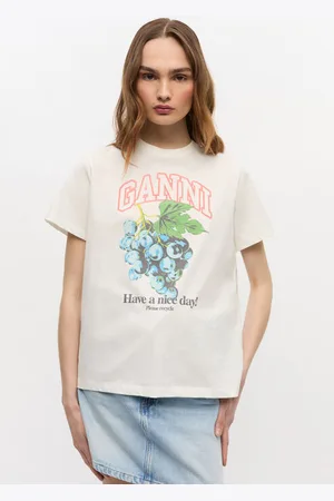 Ganni Cremeweißes T-Shirt mit Grapes-Print in White Damengröße XXS