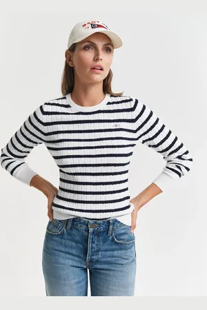 GANT Damen Gestreifter Zopfstrick Rundhalspullover aus Stretch-Baumwolle (XS)