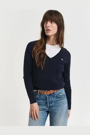 GANT Damen Zopfstrick V-Neck Pullover aus Stretch-Baumwolle (XXS)
