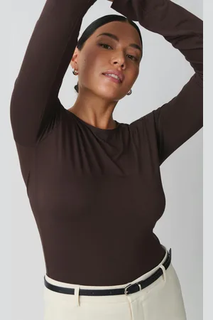 Gina Tricot Soft touch crew neck top - langarmshirts - Braun - XS - Dame