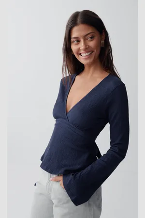 Gina Tricot Tie top - langarmshirts - Blau - XL - Dame