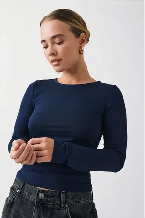 Gina Tricot Soft touch crew neck top - langarmshirts - Blau - XL - Dame