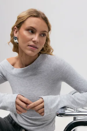 Gina Tricot Sloped shoulder top - langarmshirts - Grau - L - Dame
