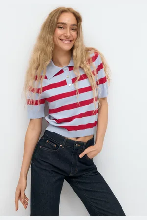 Gina Tricot Short sleeve knit collar top - poloshirts - Blau - L - Dame