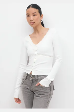 Gina Tricot Lace detail top - langarmshirts - Weiß - XL - Dame
