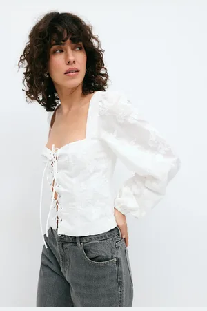 Gina Tricot Embroidery top - oberteile mit bindebändern - Weiß - 42 - Dame