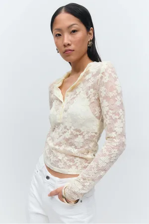 Gina Tricot Pleated lace top - spitzentops - Gelb - XL - Dame