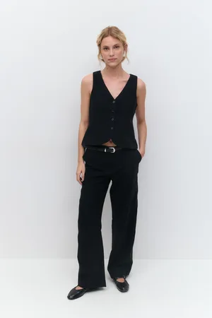 Gina Tricot Wide linen blend trousers - Leinenhosen - Schwarz - 42 - Dame