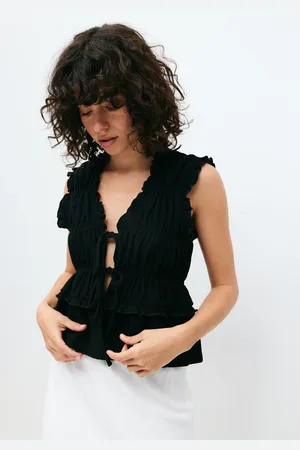 Gina Tricot Frill tie front top - oberteile mit bindebändern - Schwarz - XL - Dame