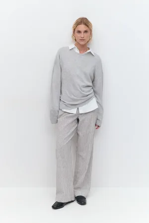 Gina Tricot Wide linen blend trousers - Leinenhosen - Grau - 42 - Dame