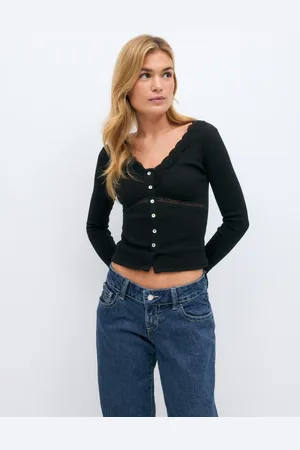 Gina Tricot Lace detail top - langarmshirts - Schwarz - S - Dame