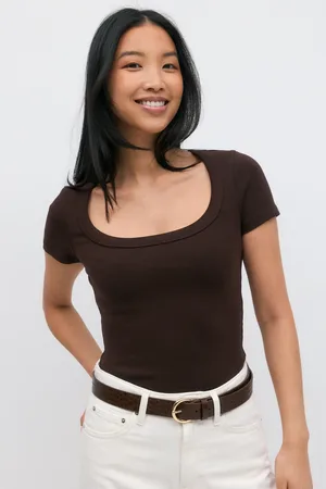 Gina Tricot Rib short sleeve top - Tops und shirts - Braun - XL - Dame