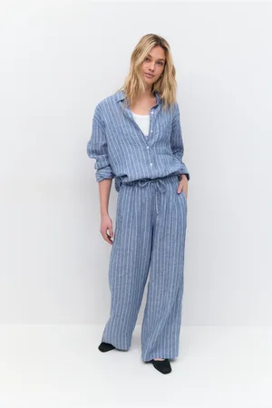 Gina Tricot Wide linen trousers - Leinenhosen - Blau - 42 - Dame