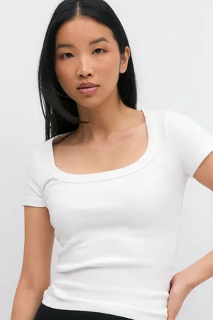 Gina Tricot Rib short sleeve top - Tops und shirts - Weiß - XL - Dame