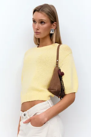 Gina Tricot Knitted tape yarn top - Kurzarm-Strickpullover - Gelb - XL - Dame