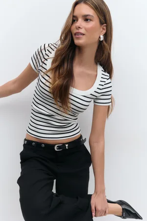Gina Tricot Rib short sleeve top - Tops und shirts - Weiß - M - Dame