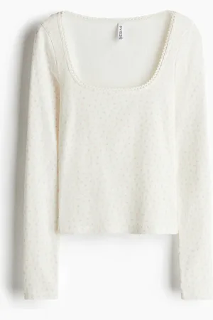H&M Baumwollshirt mit Picot-Besatz - Weiß - Damen