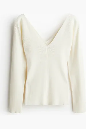 H&M V-Shirt in Rippstrick - Weiß - Damen