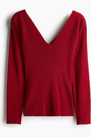 H&M V-Shirt in Rippstrick - Rot - Damen